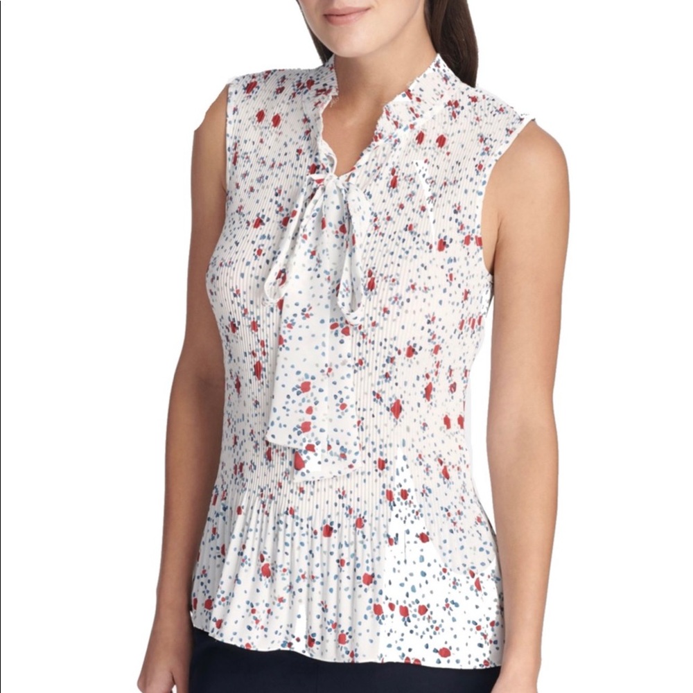 DKNY Poppy Floral-Print Pleated Sleeveless Top